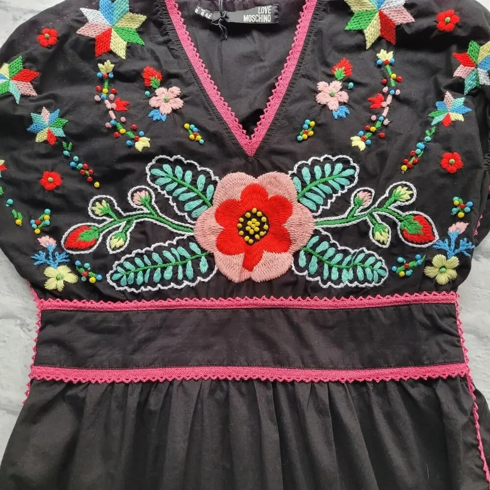 NWT Love Moschino Boho Embroidered Beaded Floral Black Dress Puff Sleeves size 6